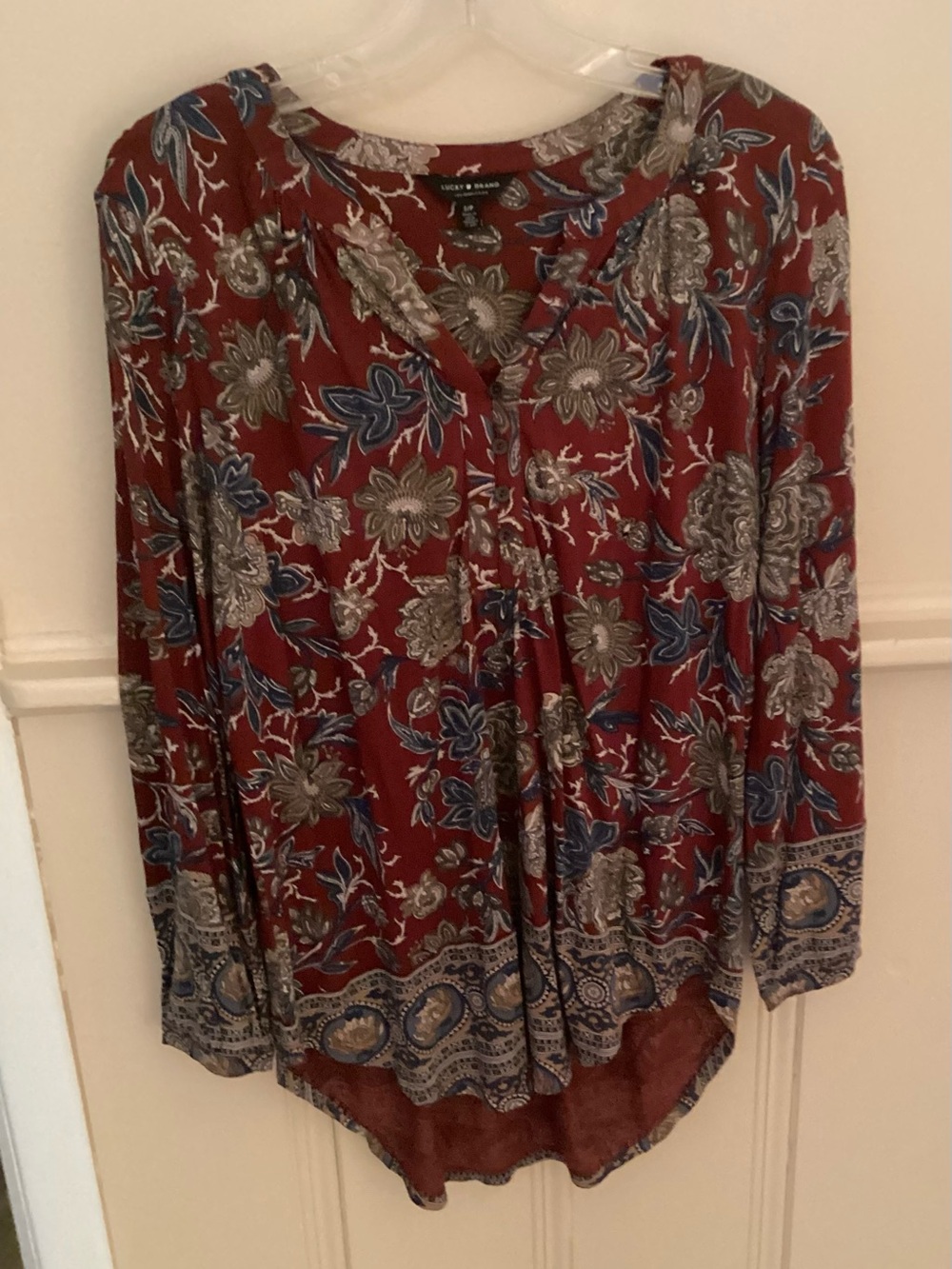 Lucky Brand Rust Floral Tunic with Blue and Cream Accents